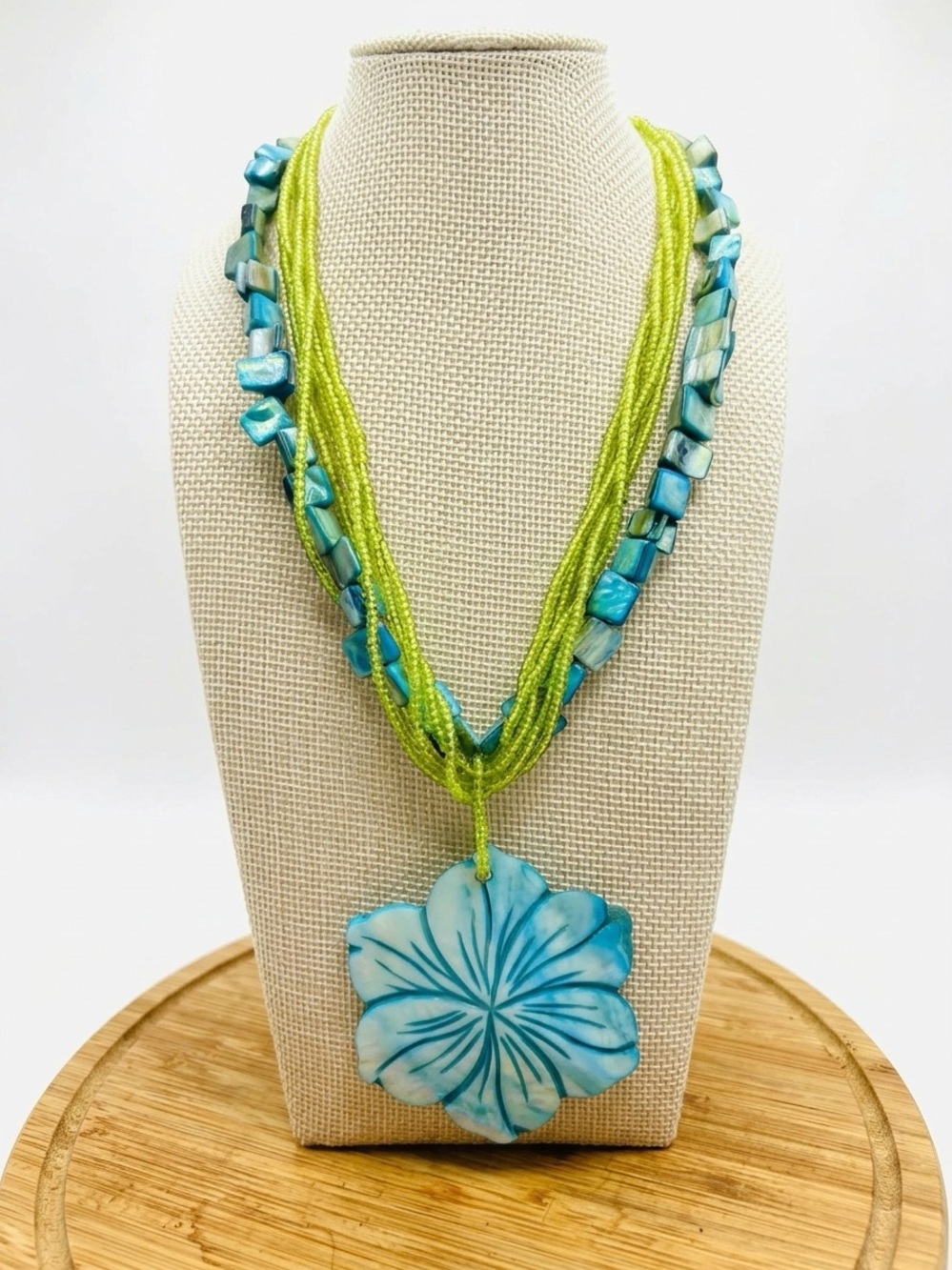 Vintage Mother of Pearl Hibiscus Flower multi strand necklace.